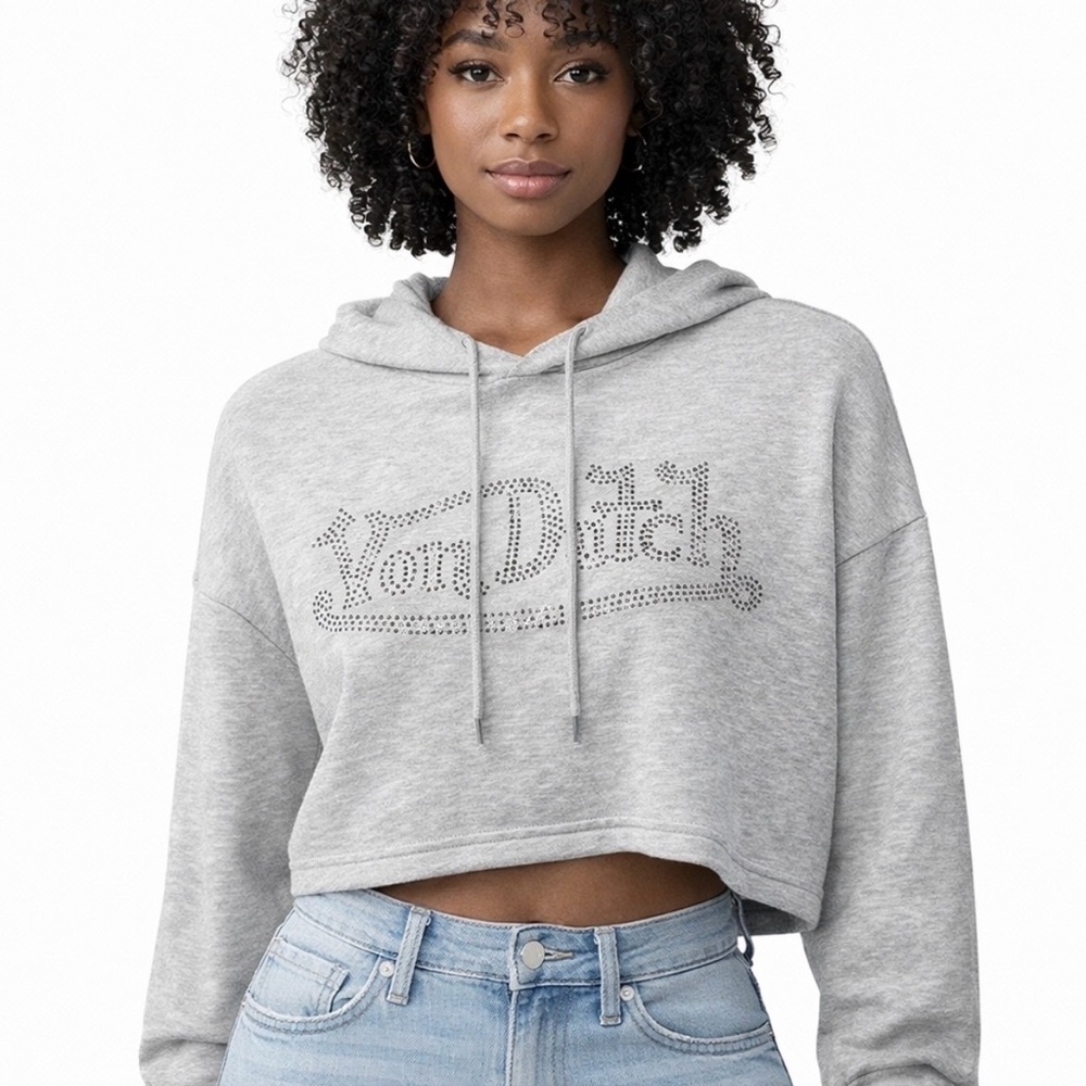 Von Dutch cropped logo hoodie rhinestones size M